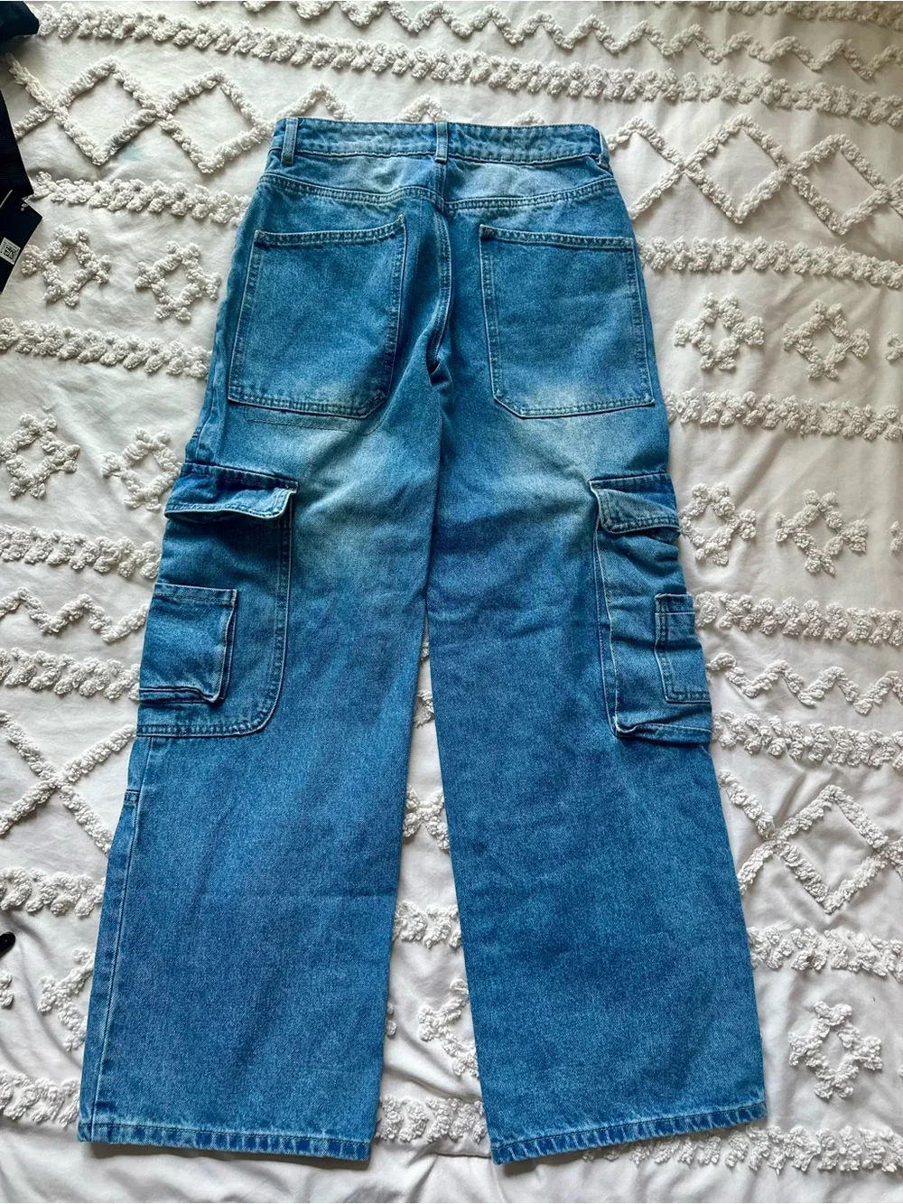 Edikted Westie Blue/Navy Washed Low Rise Baggy Cargo Jeans Size XS